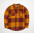 Flat lay of Morris Ls Wvn Shirt in orange and maroon plaid, comfort-focused men's apparel for beach and active lifestyles.