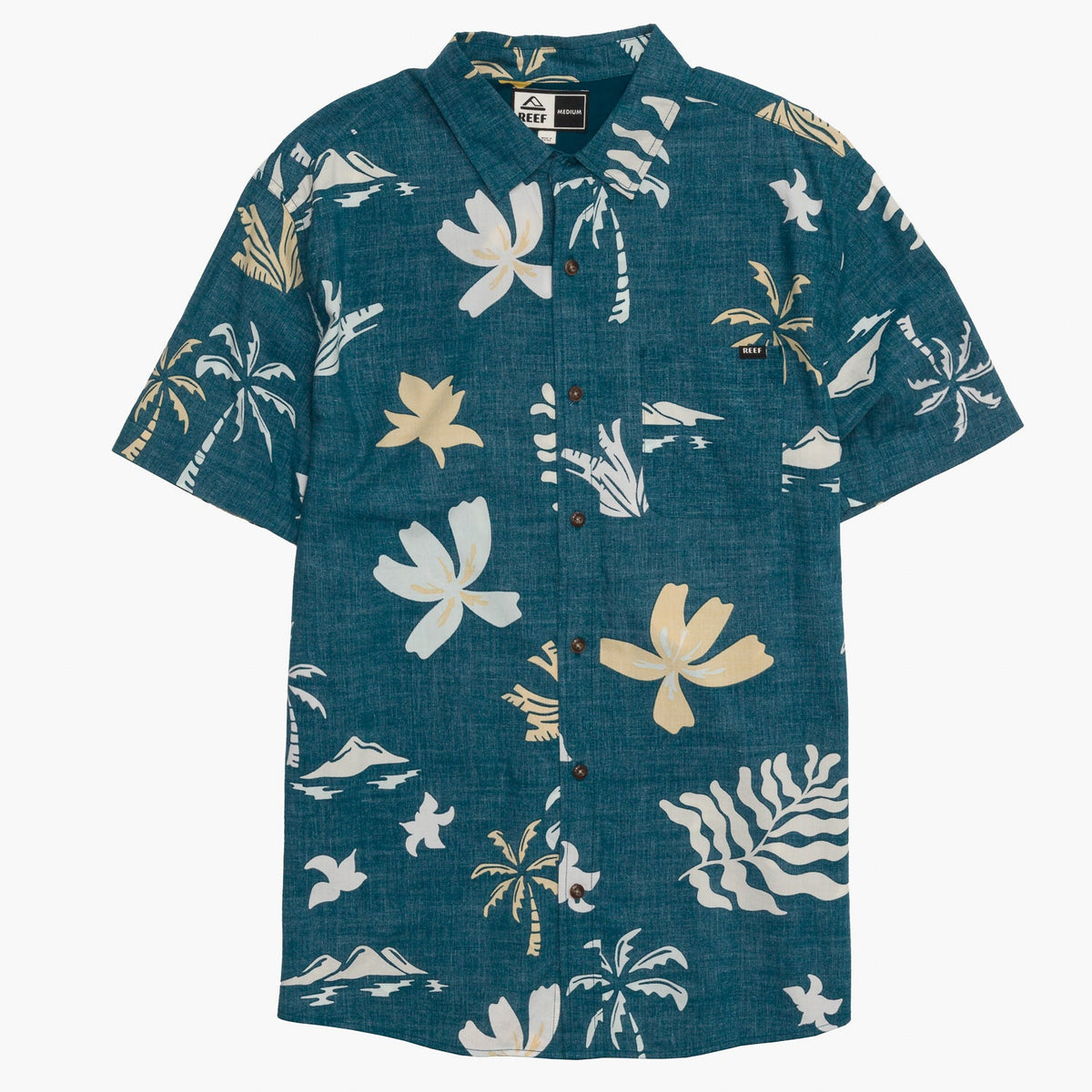 Watson Short Sleeve Shirt in blue with beige tropical floral and palm tree print, designed for comfort and beach lifestyle.