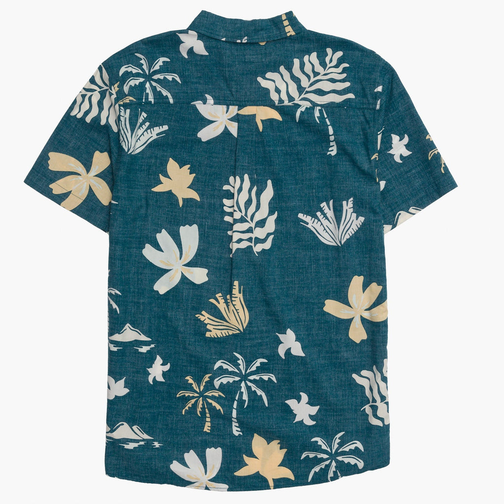 Back view of Watson Short Sleeve Shirt in dark blue with beige tropical leaf and palm tree print, beach-inspired comfort apparel
