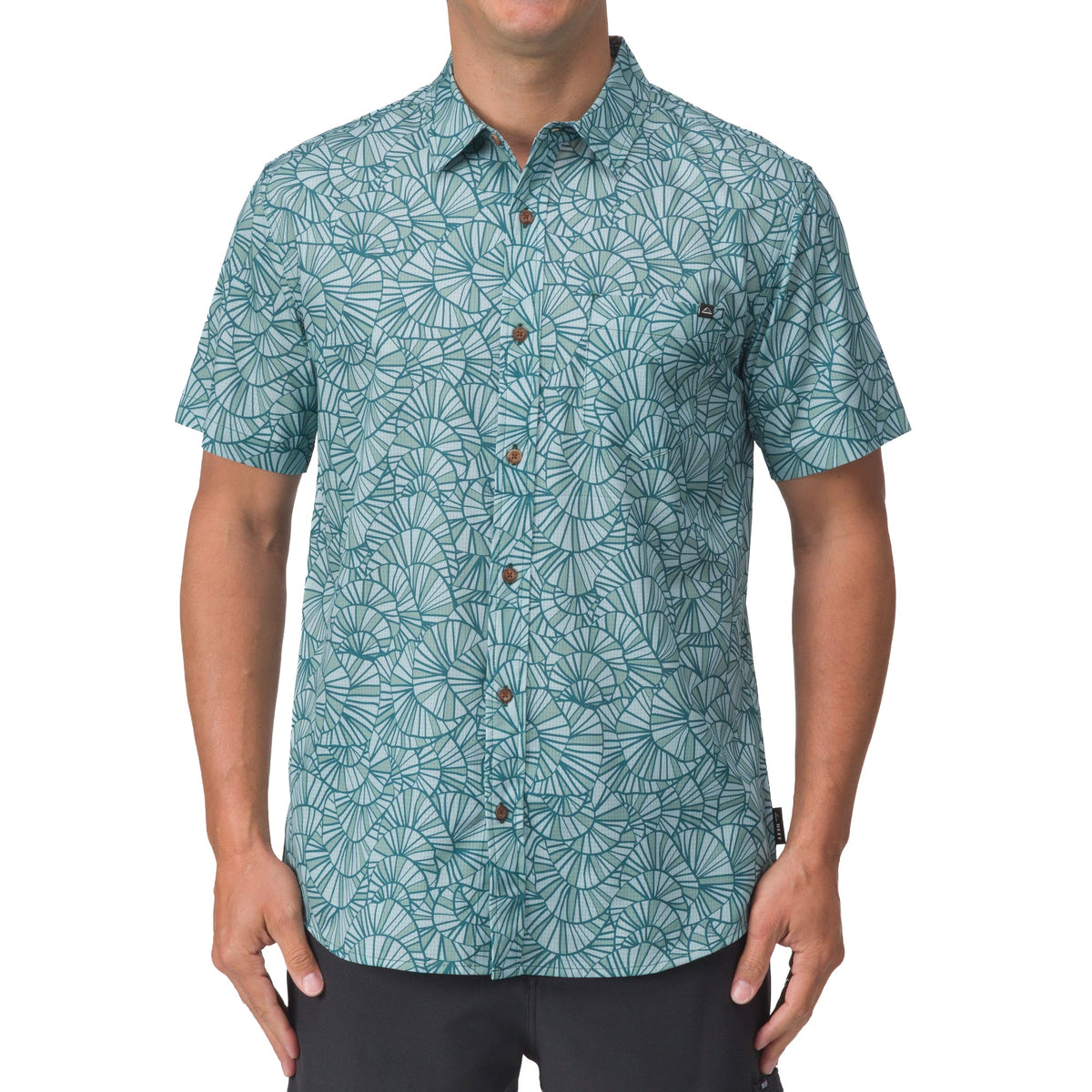 Front view of Hartman Woven Shirt in green with fan print, designed for men’s beach and everyday comfort apparel.