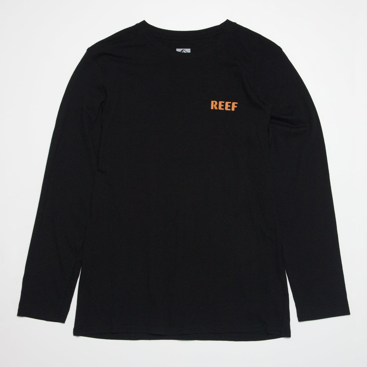 Wellie 24 Long Sleeve Tee front view in black with orange REEF logo, surf-inspired comfort apparel for beach and active lifestyles.