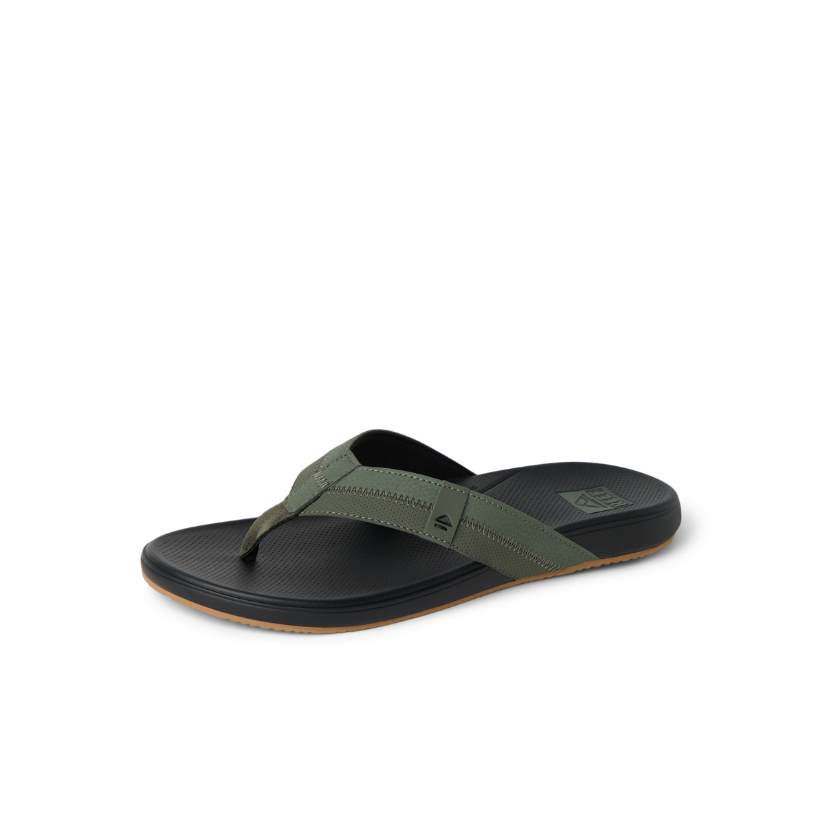 Cushion Phantom 2.0 men's olive sandal facing left, showing top and side with arch support and soft cushioning.