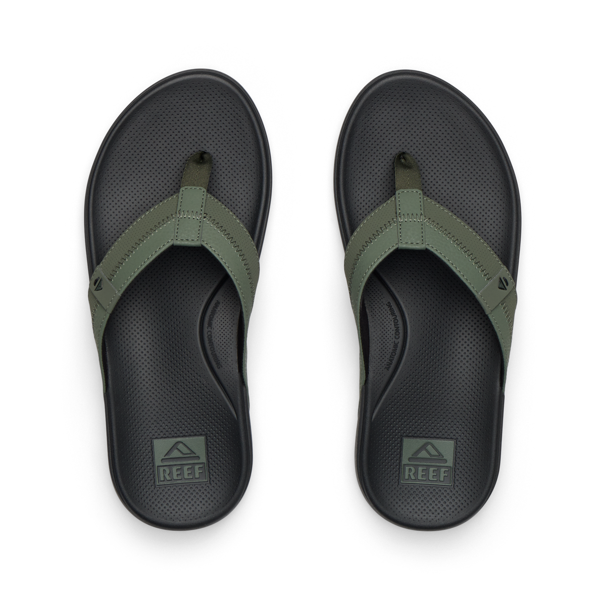 Top-down view of Cushion Phantom 2.0 men's flip flops in olive and black with anatomical arch support and soft cushioning