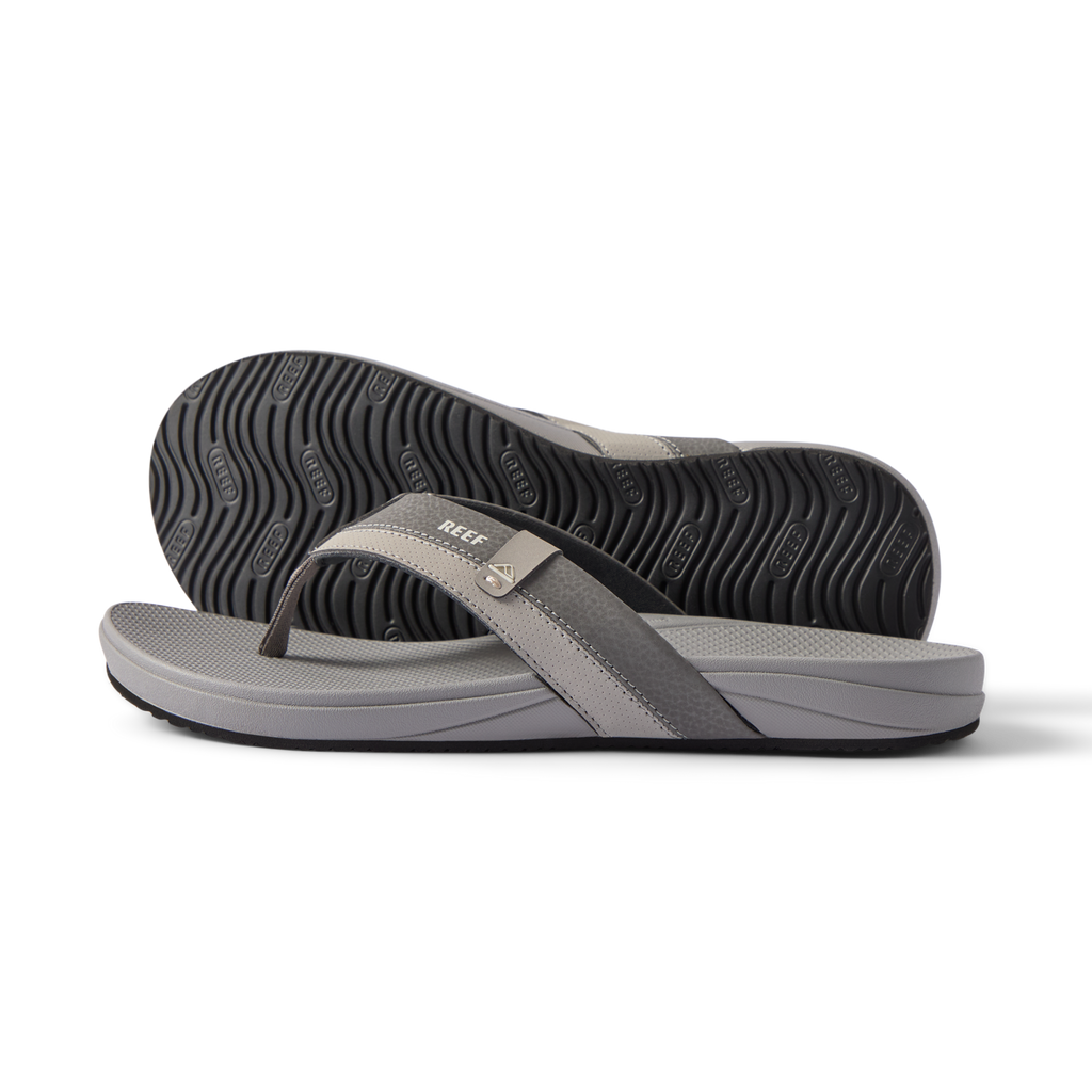Pair of grey Cushion Phantom 2.0 men's sandals, side and bottom views, featuring extra cushion and arch support.