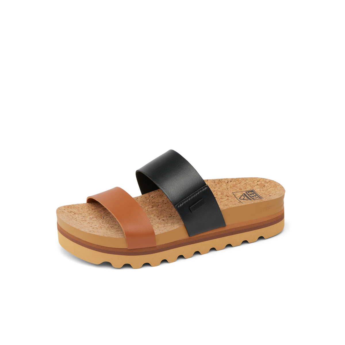 Cushion Vista Hi sandal facing right with tan and black straps, cork footbed, and comfort-focused platform sole.