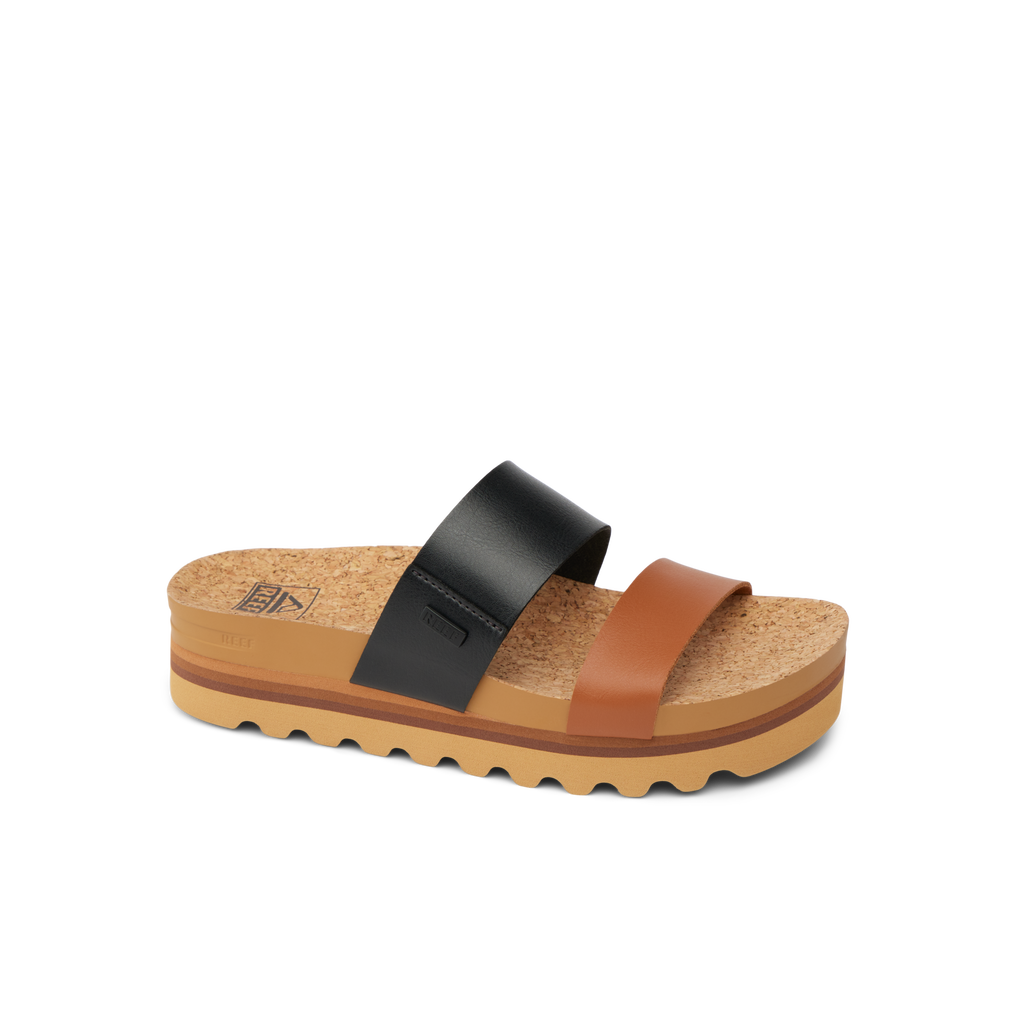 Cushion Vista Hi women's sandal facing right, dual black and brown straps, cork footbed, beach-inspired comfort design