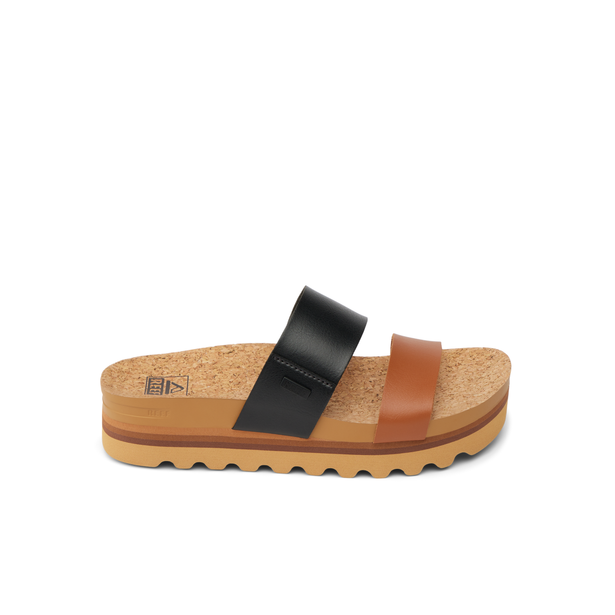 Cushion Vista Hi sandal facing left, beach-inspired with black and brown straps, cork footbed, and soft cushioning.