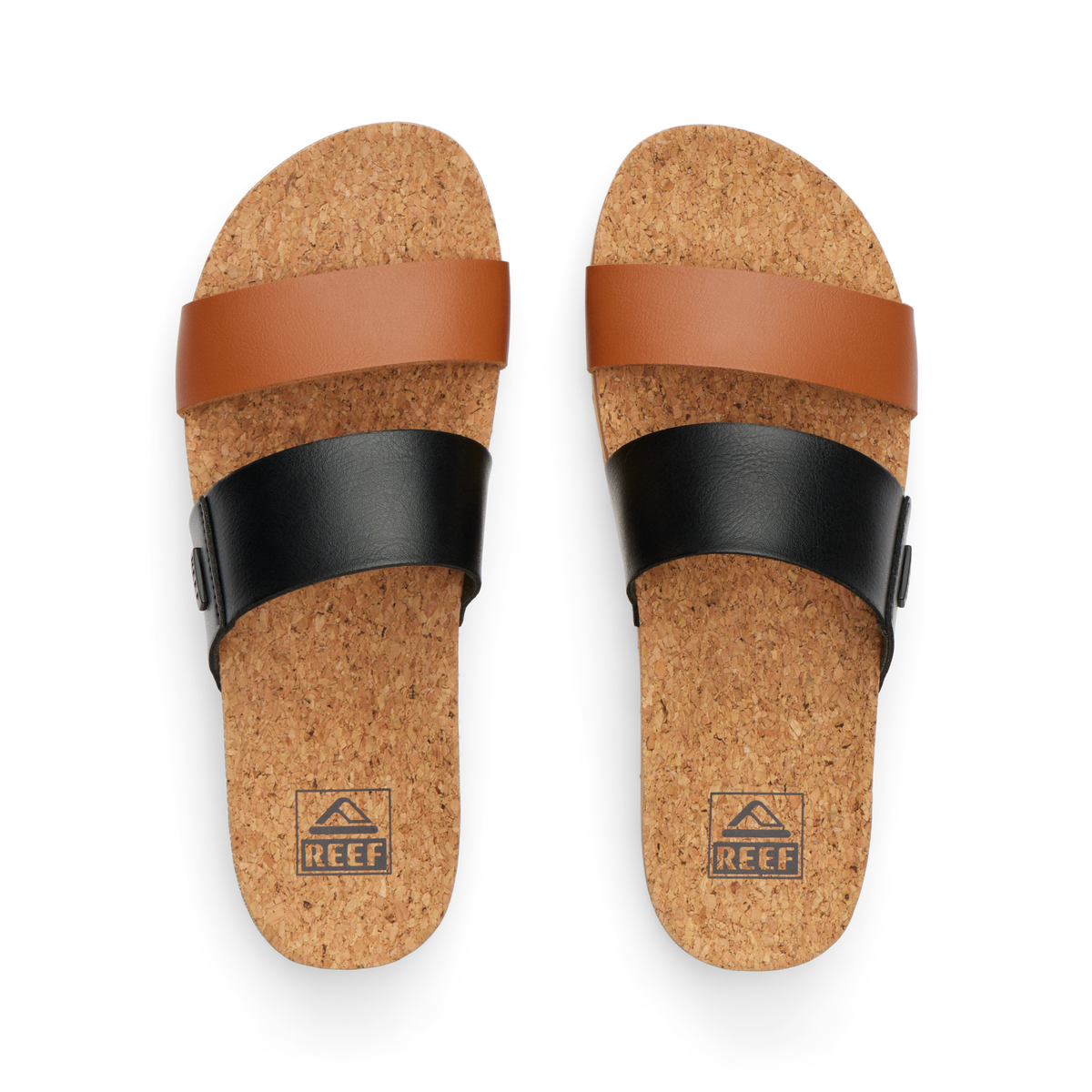 Cushion Vista Hi women's sandals top view showing cork footbeds with black and tan straps, designed for beach comfort.
