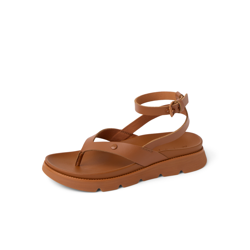 Vista Luxe Sierra women's brown leather sandal facing right, showing cushioned footbed and adjustable ankle strap.