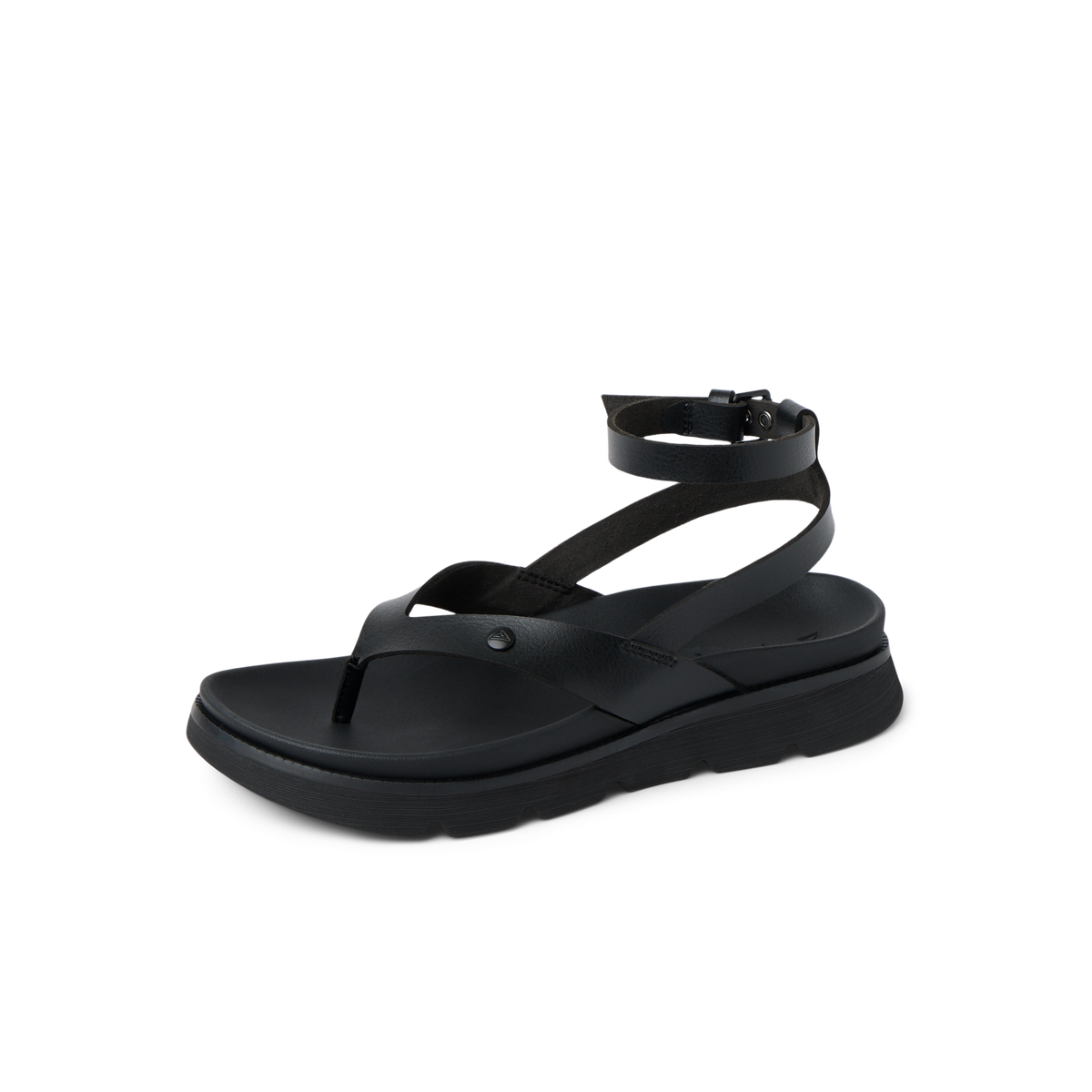 Vista Luxe Sierra black women's sandal facing left, close-up of cushioned footbed and ankle strap for beach comfort.