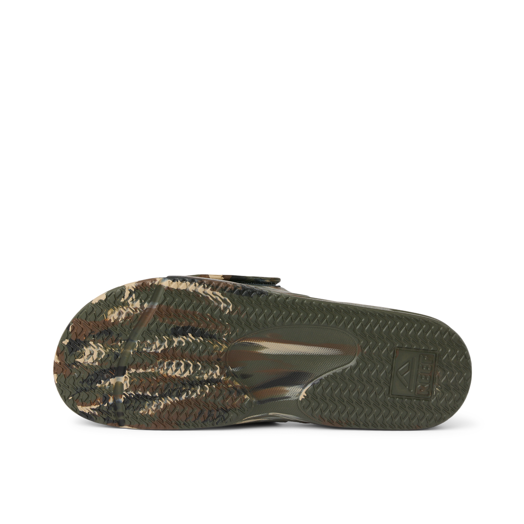Fanning Slide H2O men's camo slide sole facing up, showing durable water-friendly tread with arch support design.