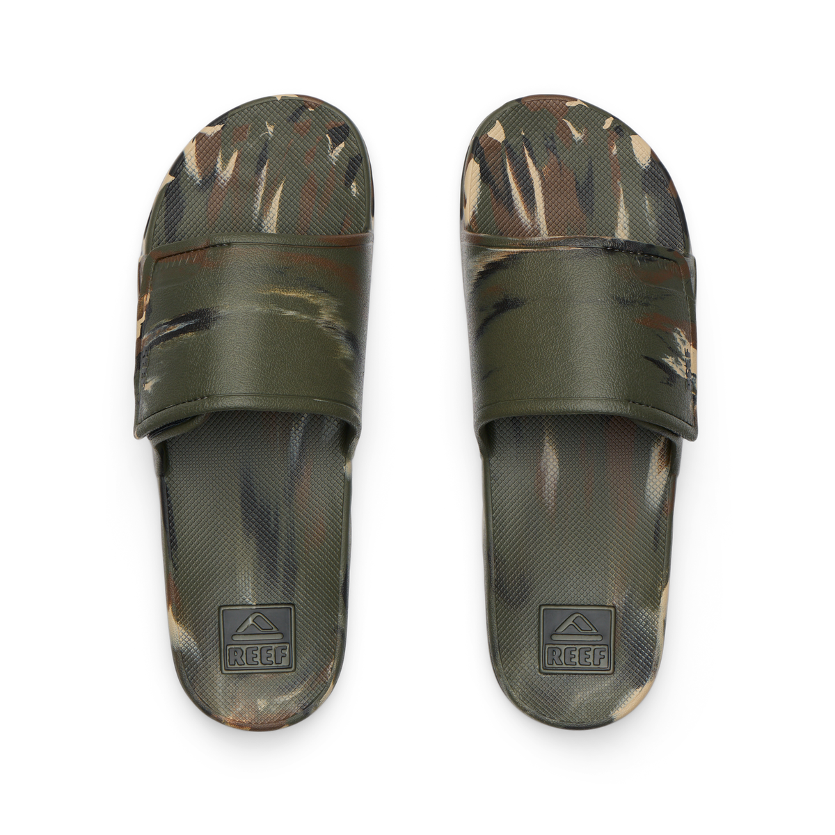 Top view of men's Fanning Slide H2O with camo marble pattern, water-friendly slides for beach comfort and durability.