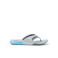 Side view of right-facing Cushion Fanning sandal with blue and gray surf-inspired design and extra cushioning for comfort