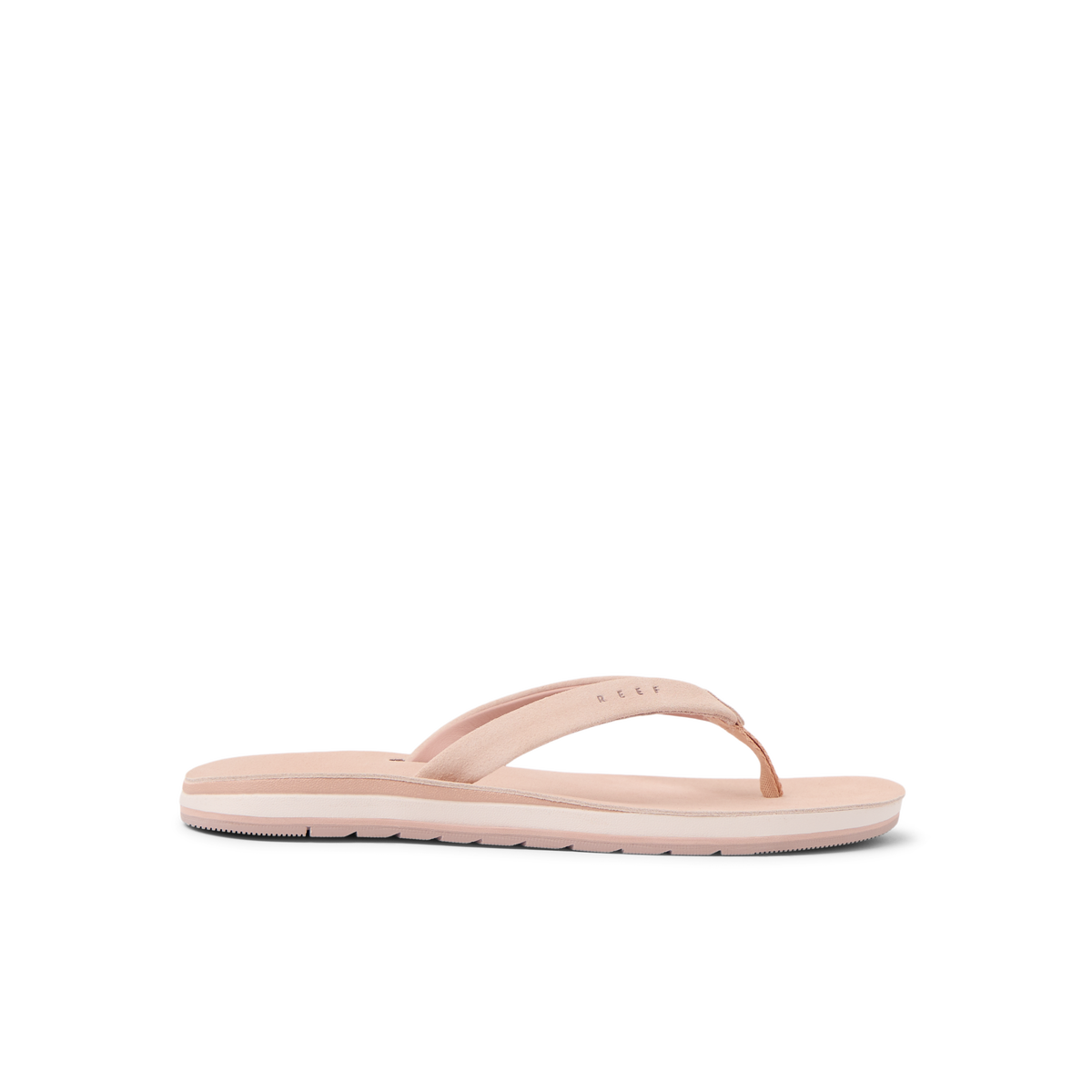Ojai Classic Slim women’s blush suede flip flop facing right showing side with soft cushioning and arch support