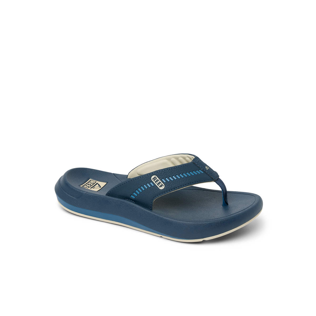 Cruiser men's navy blue flip flop facing left, close-up of top and side with soft cushioning and arch support