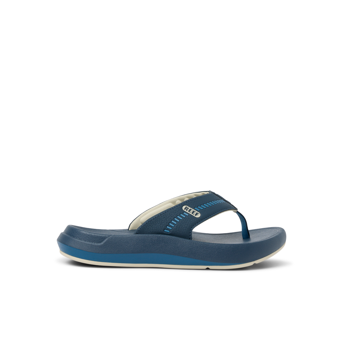 Cruiser men's navy blue thong sandal facing right, showing soft cushioned footbed and arch support design.