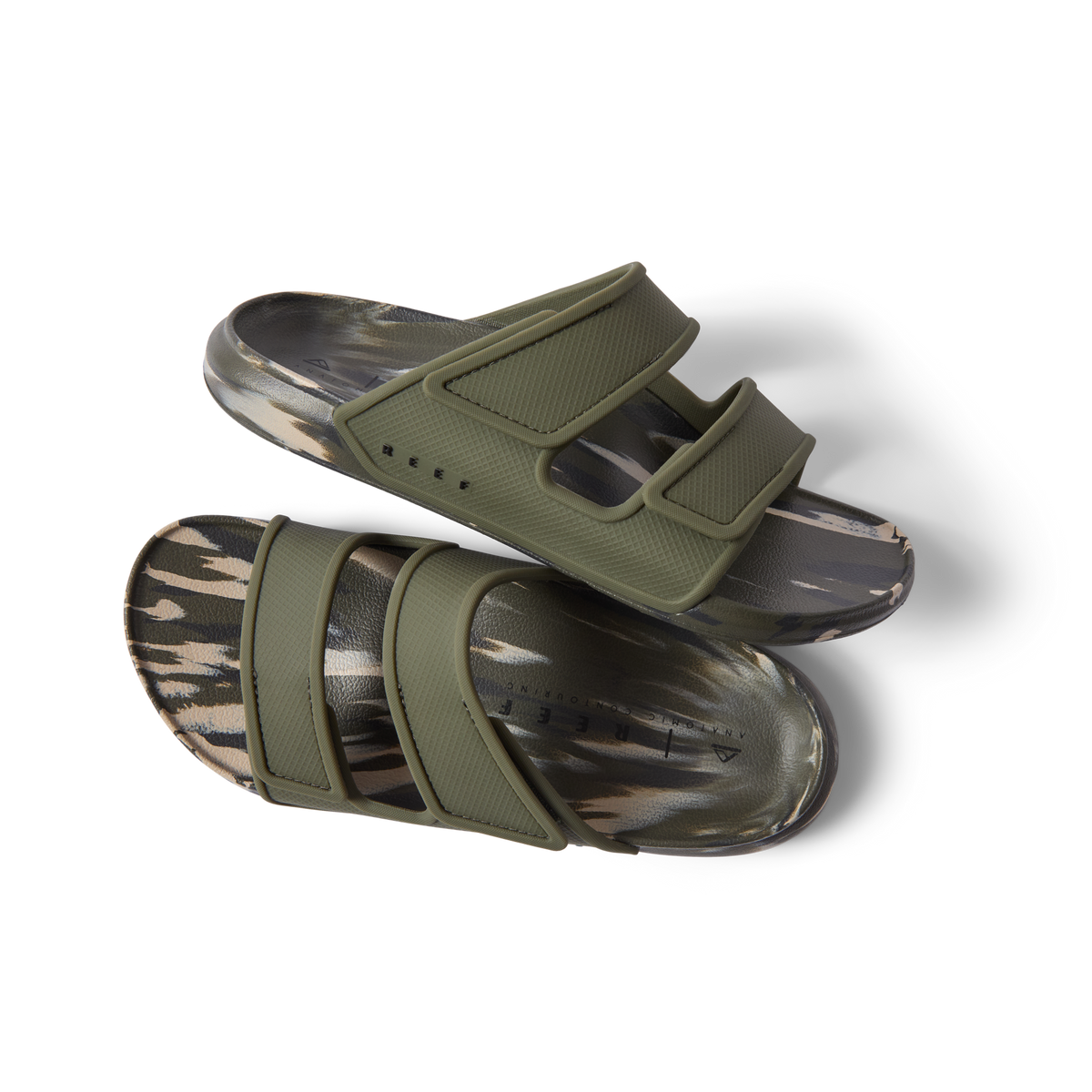 Oasis Adapt men's sandals facing left and right, camo marble footbed, surf-inspired comfort with arch support and cushioning.
