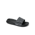 Kids Salty Slide facing right, black swell checker pattern, breathable water-friendly slide with arch support and cushioning