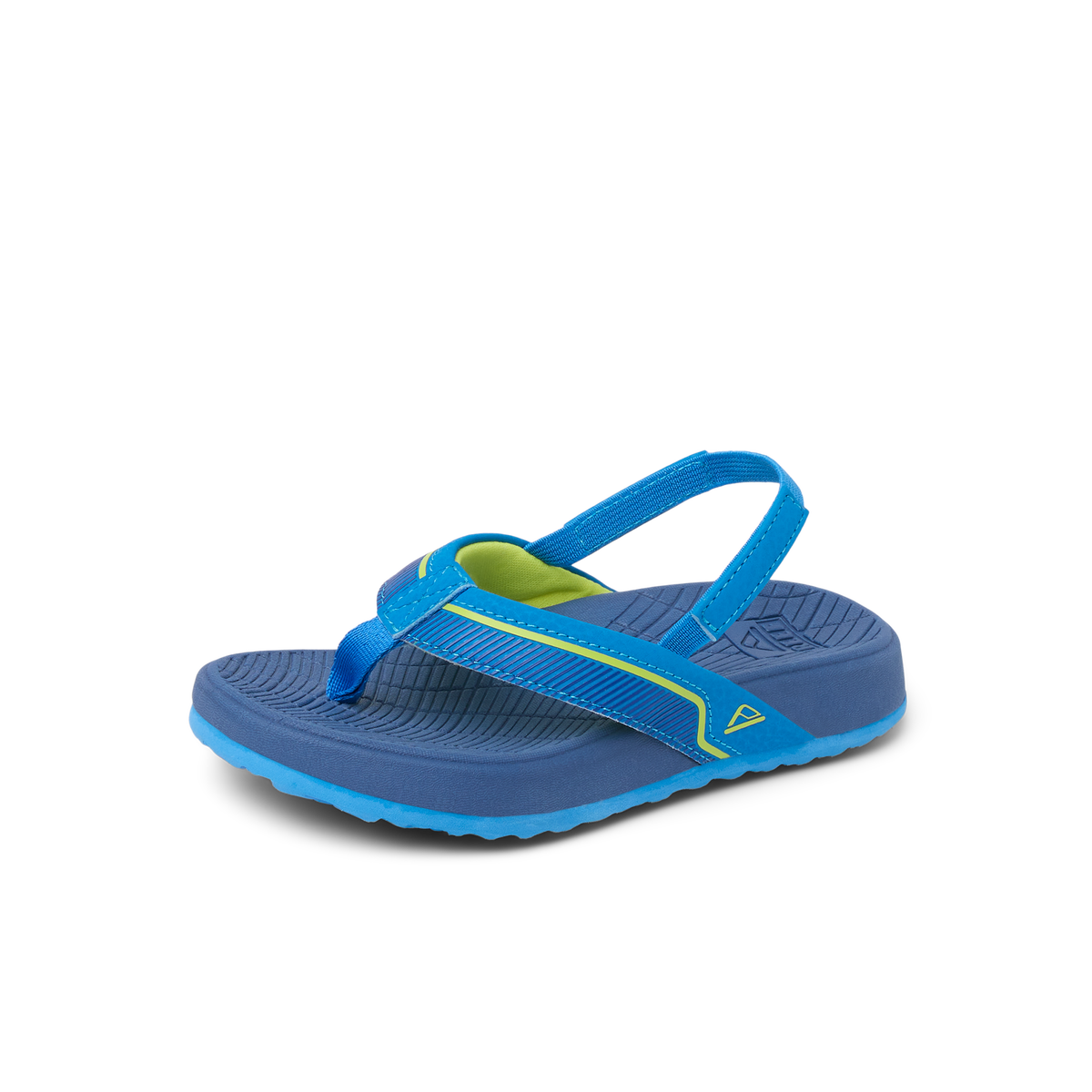 Little Windswell boys' blue flip flop facing right, showing toe post and cushioned footbed close-up for beach comfort.
