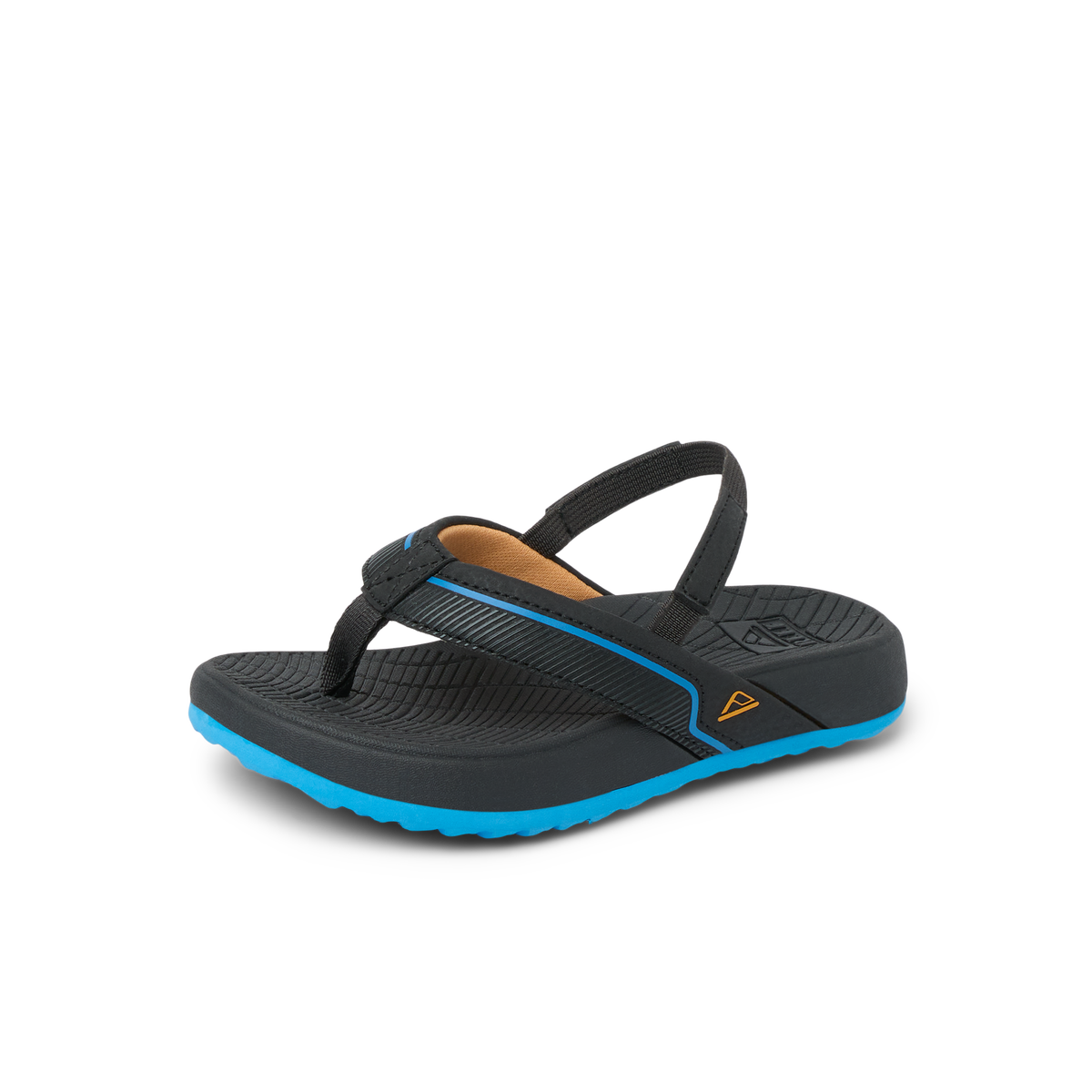 Little Windswell right-facing kids' black and blue flip flop sandal with arch support and cushioned footbed.