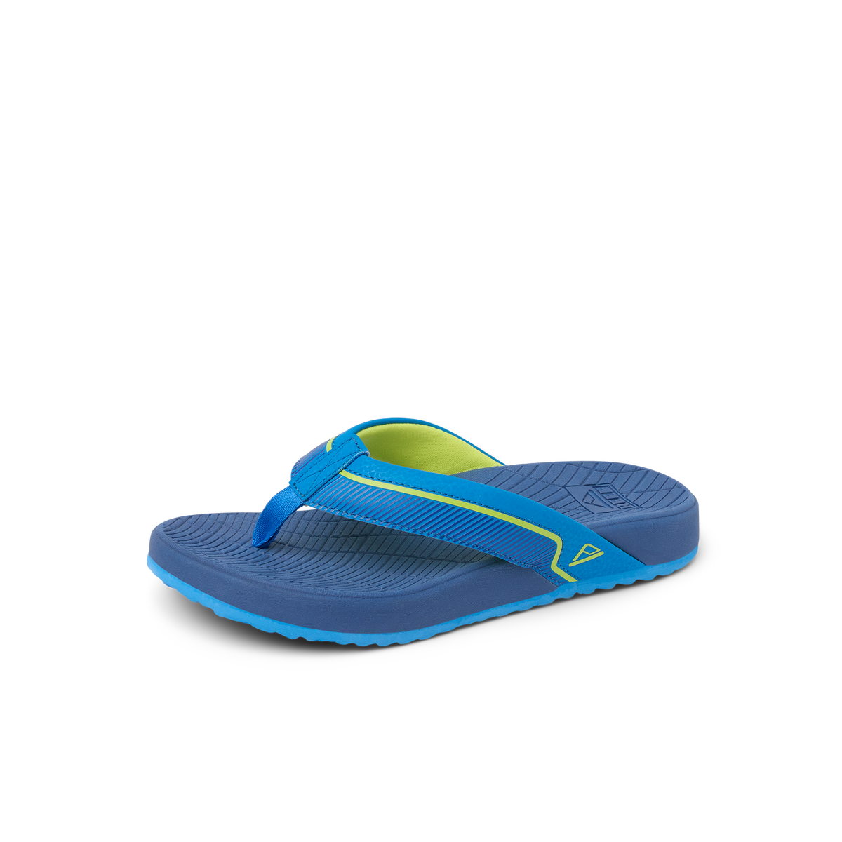Kids Windswell blue and green flip flop for boys, left side view, surf-inspired comfort with anatomical arch support.