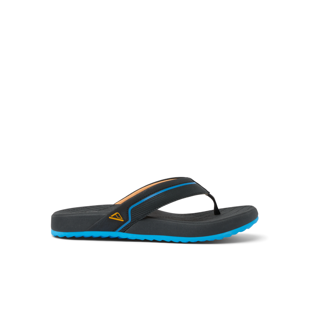 Side view of Kids Windswell flip flop for boys in black and blue with anatomical arch support and soft cushioning.