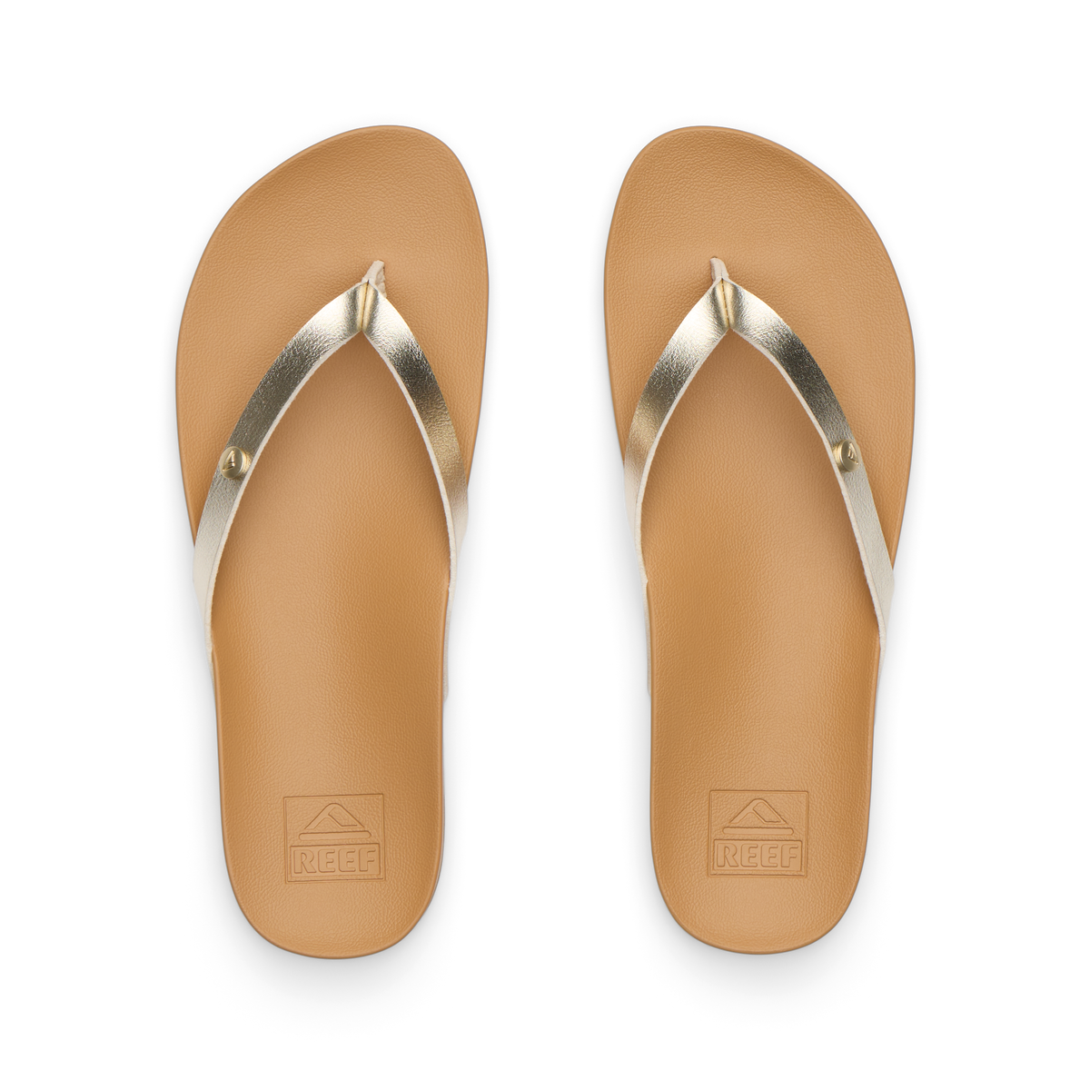 Top view of women's Vista Ivy sandals facing up, gold straps, tan cushioned footbed with arch support for beach comfort