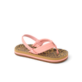 Little Ahi girls' sandal facing right, featuring leopard print footbed, pink straps, and comfort cushioning for beach wear.