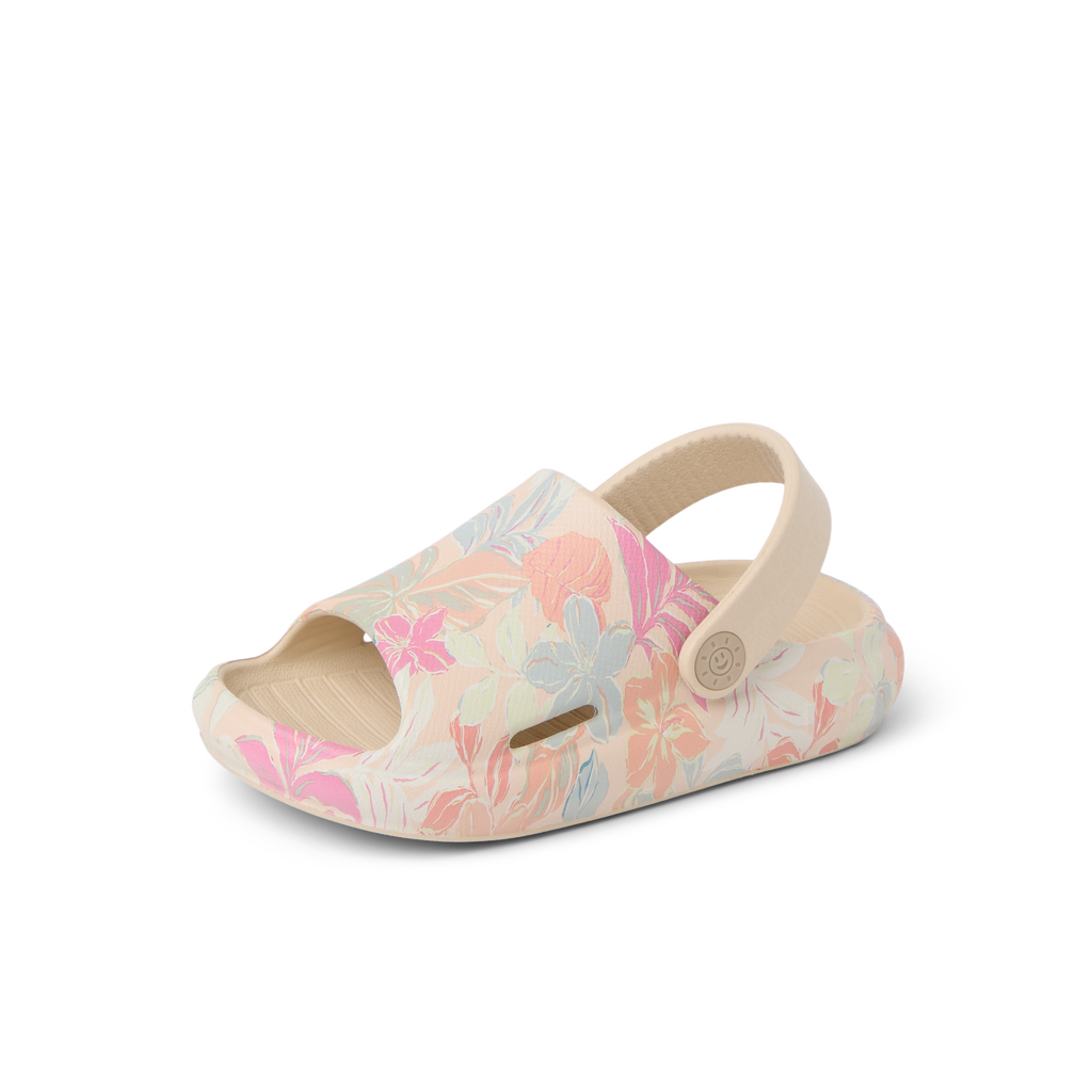 Little Rio Slide facing right, unisex toddler slide with apricot multi floral pattern, cushioned and water-friendly design.