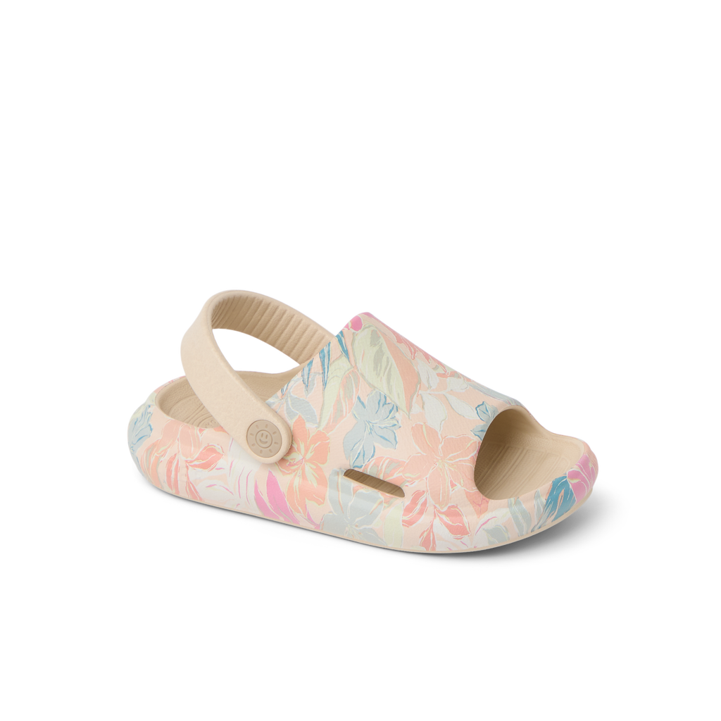 Little Rio Slide unisex kids slide sandal facing right, floral apricot multi pattern with heel strap, beach-inspired comfort