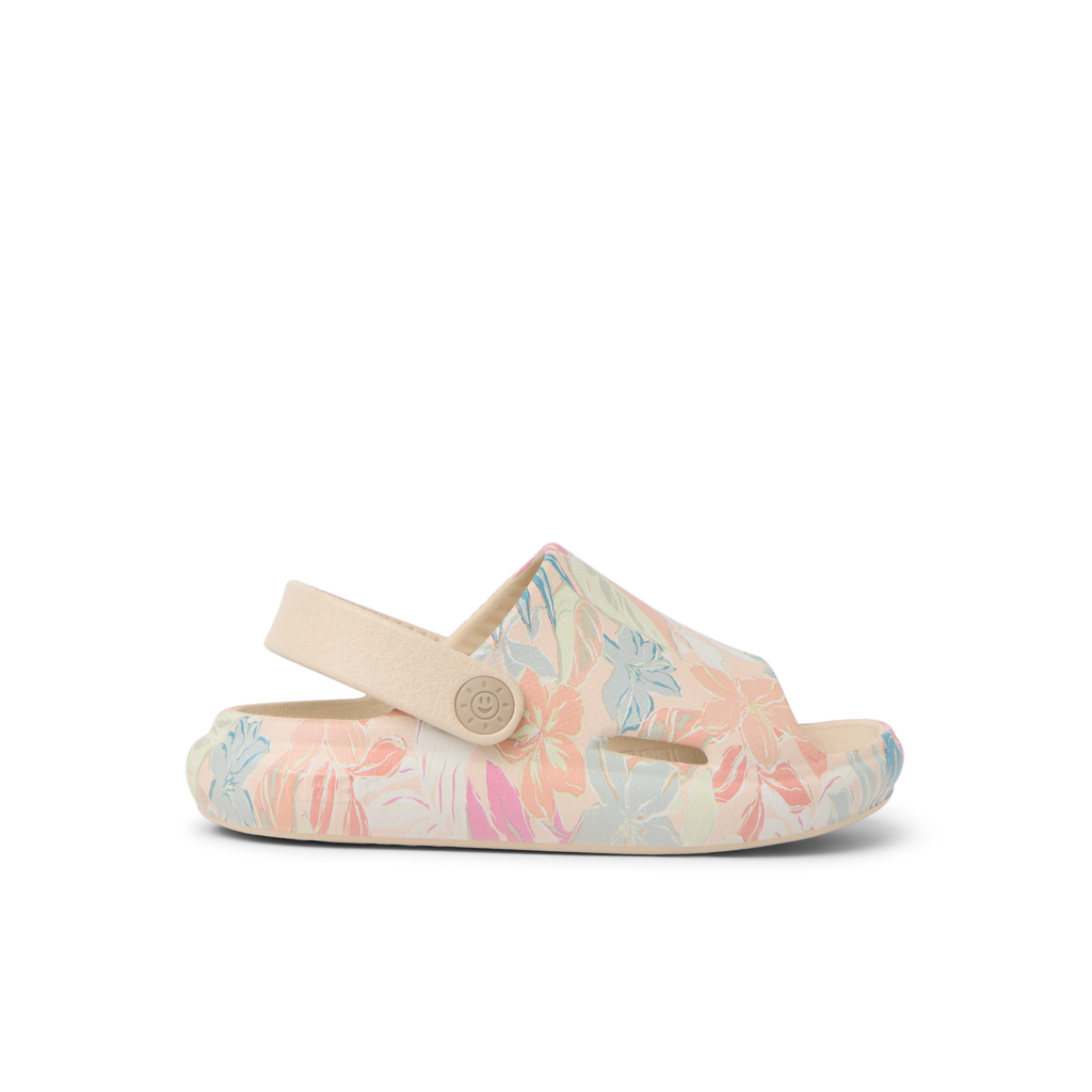 Little Rio Slide unisex toddler sandal facing left with apricot multi floral print, featuring arch support and cushioning.