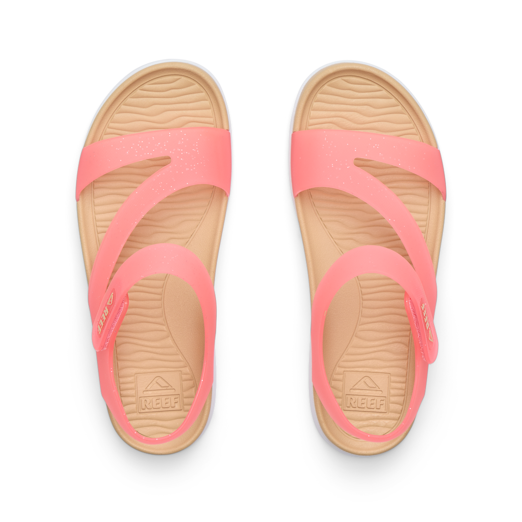 Top view of pink Kids Cali Coastin sandals for girls with comfort footbed and anatomical arch support