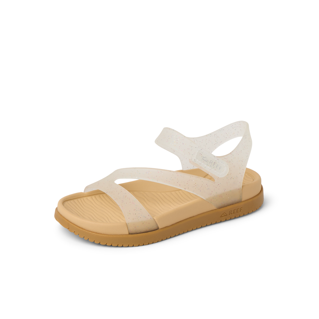 Little Cali Coastin sandal for girls facing right, showing cushioned footbed and glitter confetti straps.