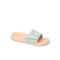 Kids Salty Slide for girls facing left, close-up of the top and sole with cushioned footbed and patterned strap.