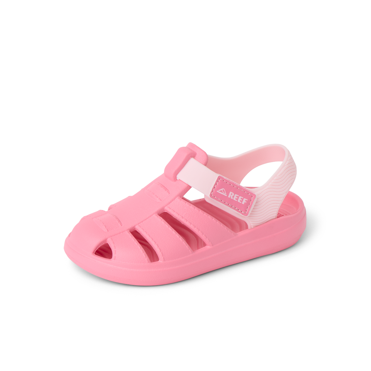 Little Totally Beachin pink girls’ sandal facing left with comfort cushioning and arch support, beach-inspired design.