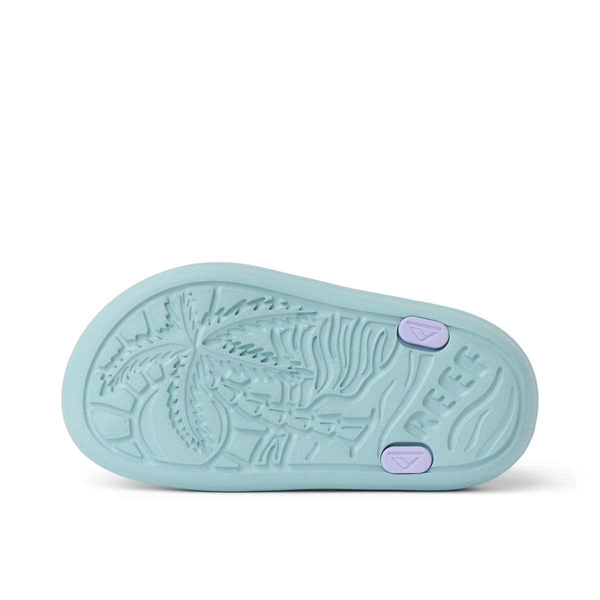 Little Totally Beachin sandal sole facing up, showing textured palm tree pattern and REEF logo, designed for comfort.