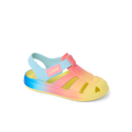 Little Totally Beachin sandal for girls facing left, close-up of front and side with soft cushioning and arch support.
