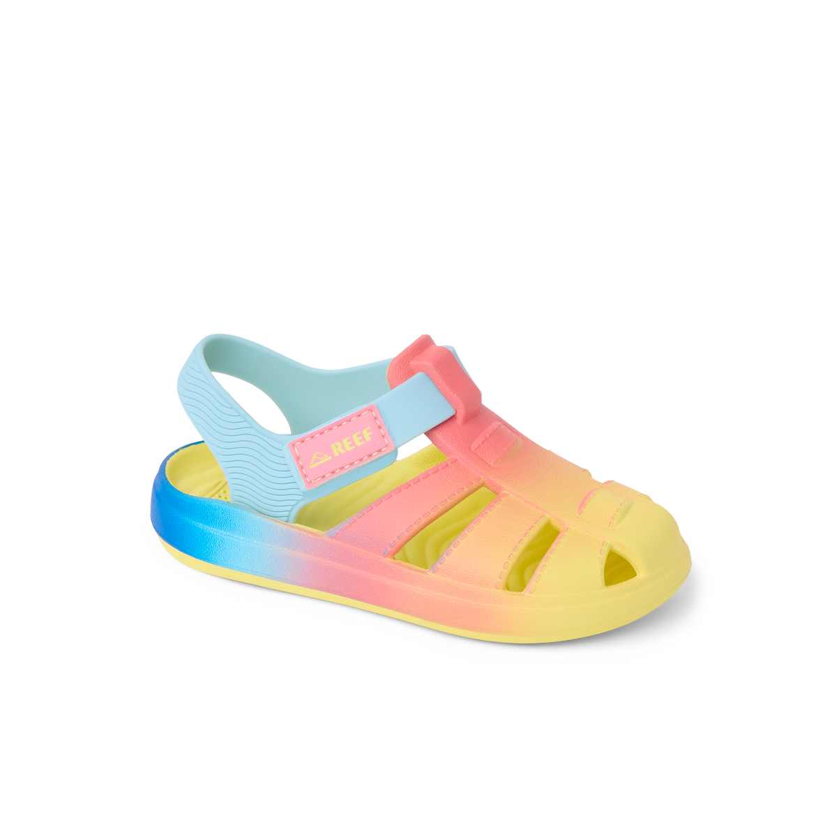 Little Totally Beachin sandal for girls facing left, close-up of front and side with soft cushioning and arch support.