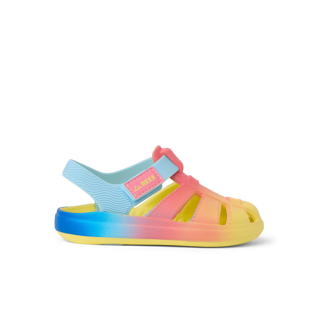 Little Totally Beachin girls sandal facing left, blue ombre with anatomical arch support and soft cushioning.