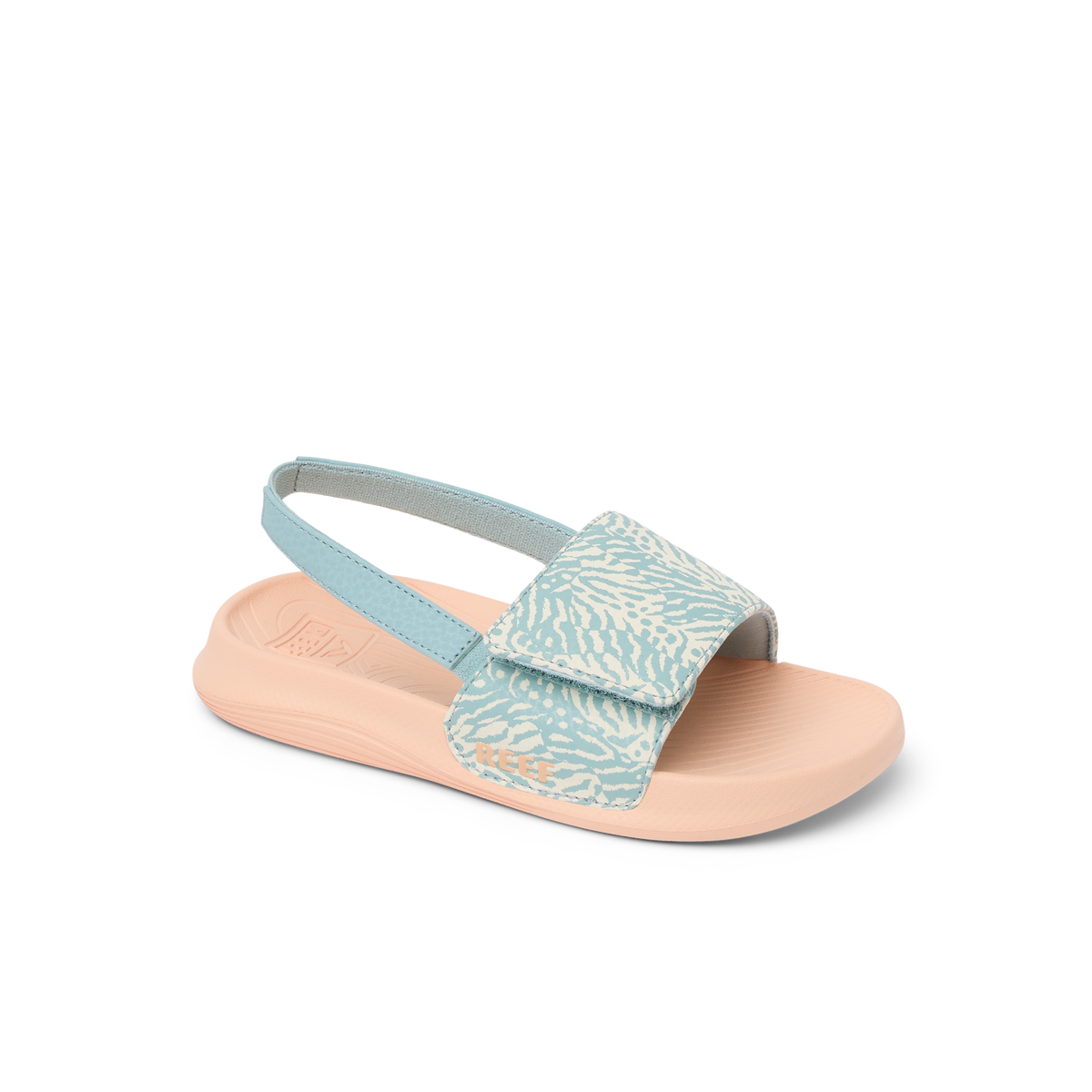 Little Salty Slide sandal for girls facing right, showing side and top with soft cushioning and arch support in blue haze pattern.