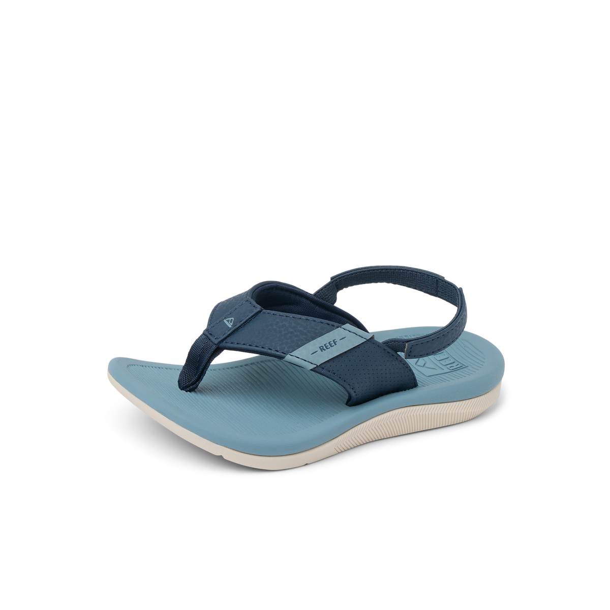 Little Santa Ana boys sandal facing left showing top and side with arch support and cushioning in blue tones