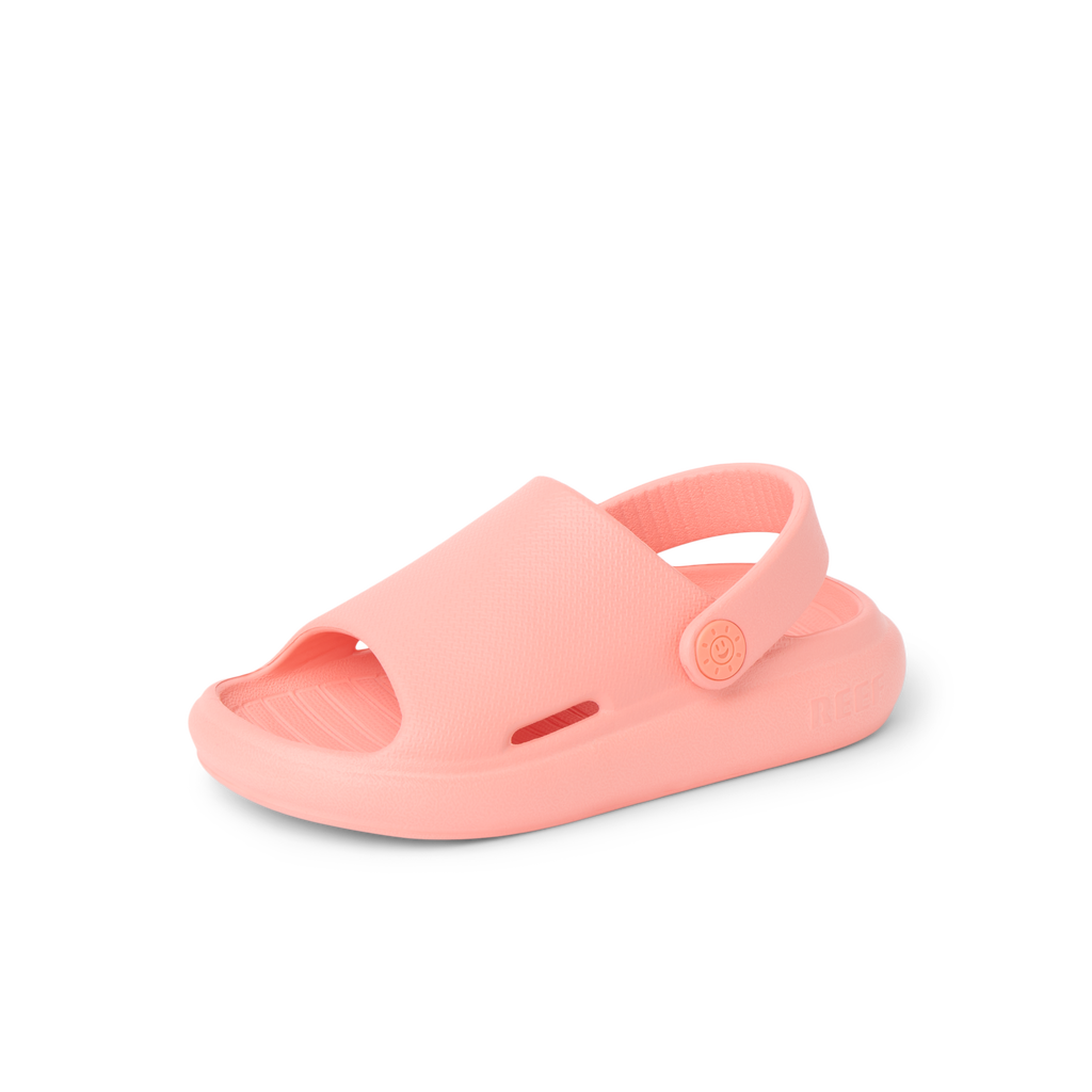 Little Rio Slide coral unisex toddler sandal facing right, showing front and side with cushioned, water-friendly sole.