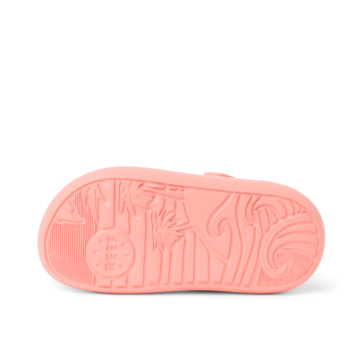 Little Rio Slide unisex kids' coral slide showing sole with wave and palm tree design, surf-inspired comfort footwear