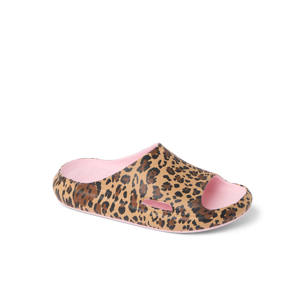 Kids Rio Slide facing right, leopard print with pink cushioned footbed, water-friendly and comfort-focused beach slide.