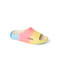 Kids Rio Slide facing right, close-up of the upper and partial sole in blue, pink, and yellow water-friendly materials.