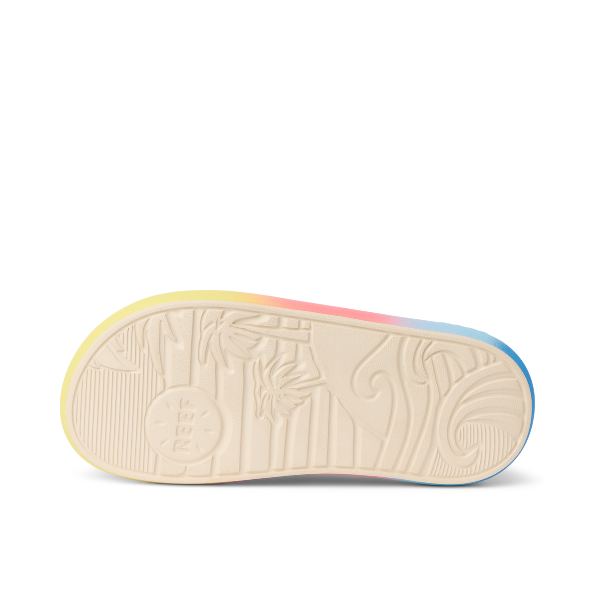 Kids Rio Slide showing the bottom sole view with embossed palm tree and wave design in a blue ombre slide, water-friendly and comfortable.