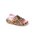 Little Rio Slide leopard print unisex toddler slide facing right with cushioned footbed and pink heel strap for comfort.