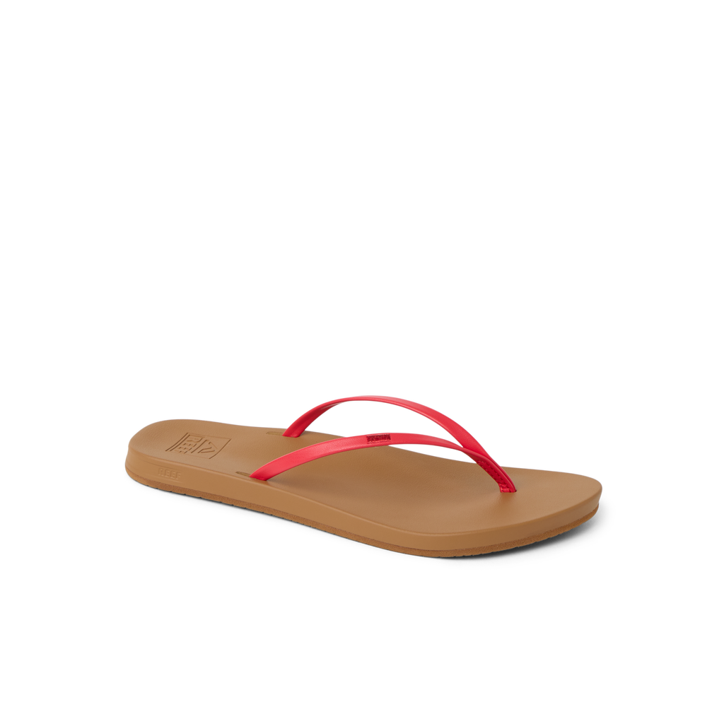 Cushion Slim women's sandal facing right with slim red straps and tan cushioned sole, water-friendly beach footwear.