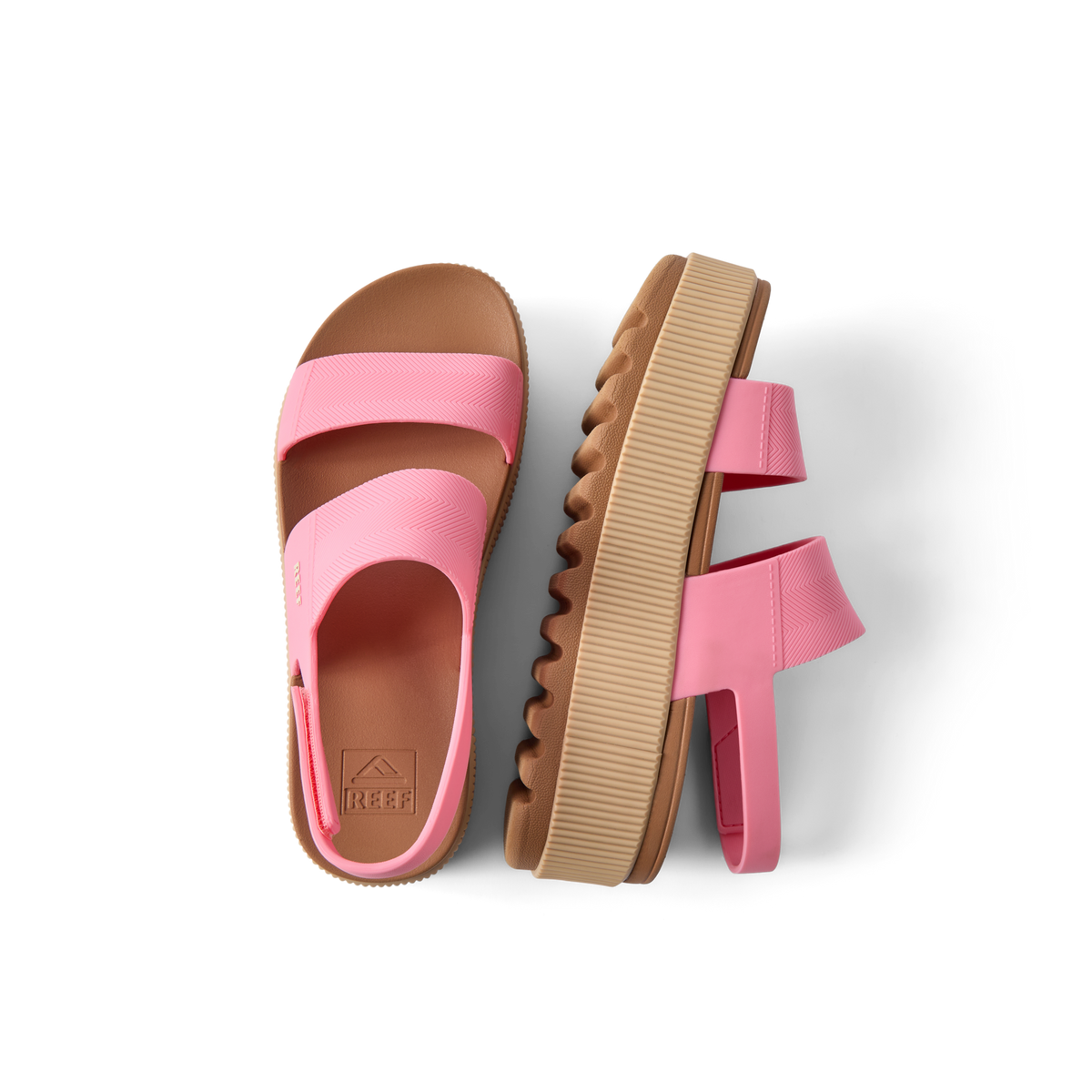Water Vista Higher women’s pink sandals with anatomical arch support, soft-rebound cushioning, shown left top and right side view.