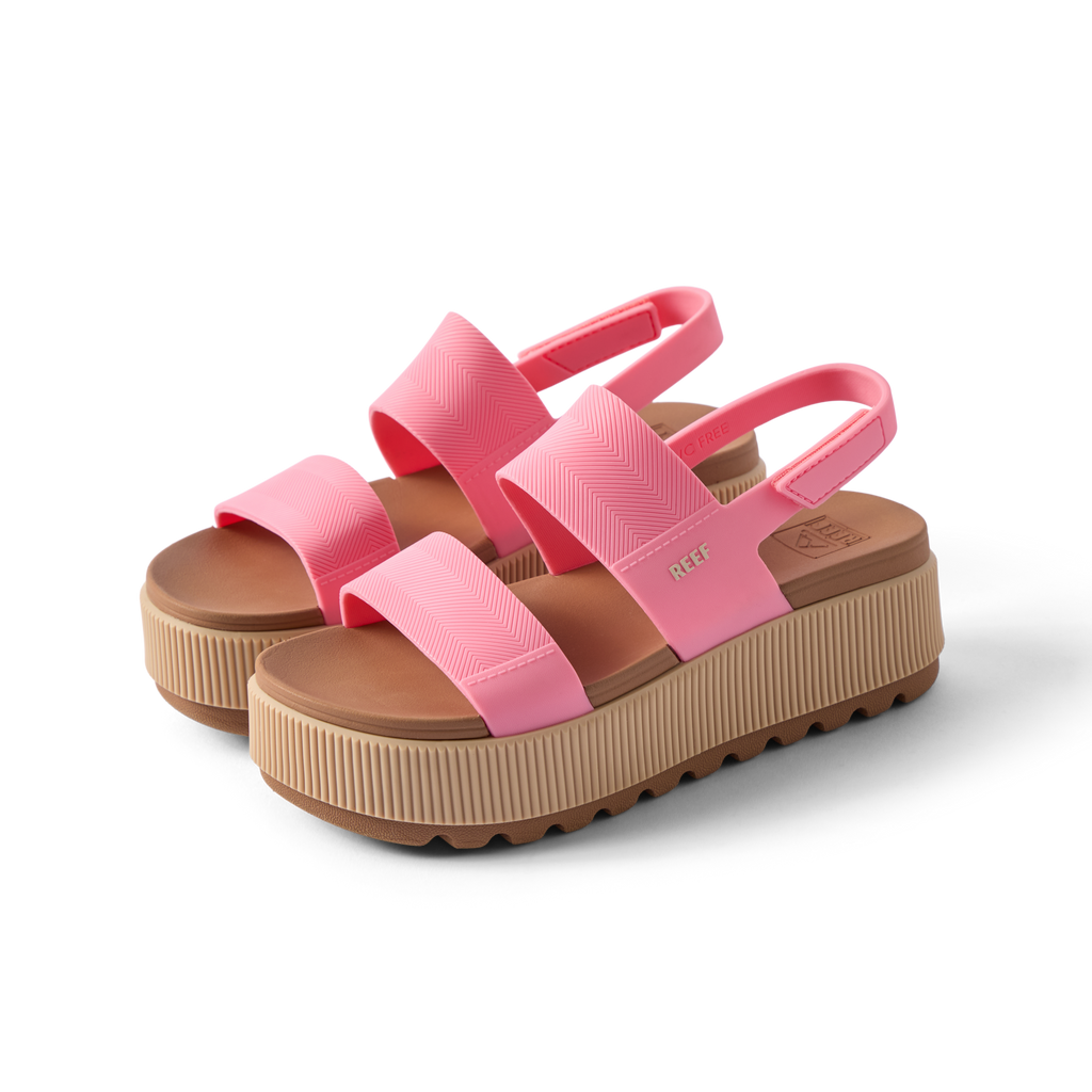 Water Vista Higher women's sandals facing right with pink straps, platform sole, and anatomical arch support for comfort.